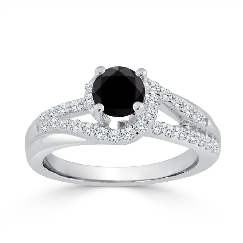 Engagement rings with classic pave garnet bands -14k Gold 1ct TDW Split-Shank Black Diamond Halo Engagement Ring