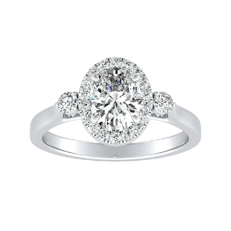 Engagement rings with engraved initials inside bands -3-stone Halo Oval Diamond Engagement Ring 1 1/4ctw 14k Gold by Auriya (I-J, I1-I2)