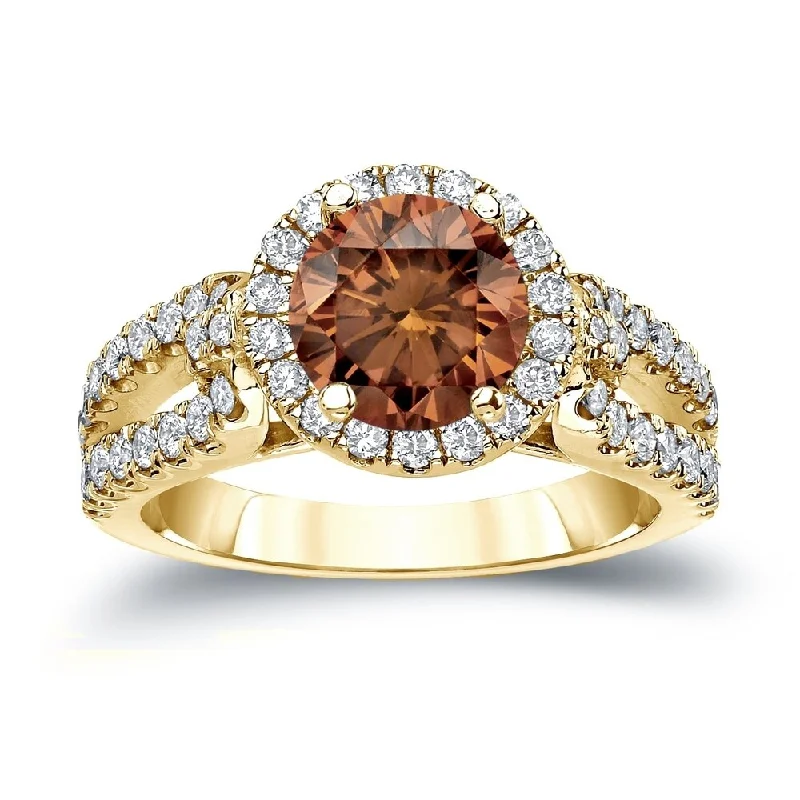 Engagement rings with bezel-set citrine for safety -Auriya 1 1/2ctw Round Brown Diamond Halo Engagement Ring 14k Gold