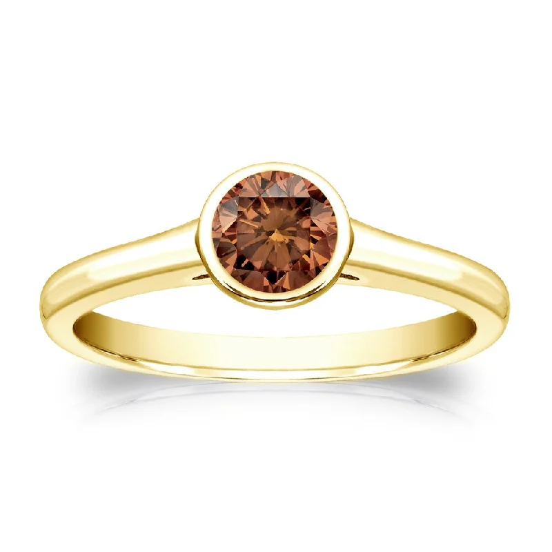 Engagement rings with mixed metal ruby bands -Auriya 1/3cttw Round Bezel Set Solitaire Brown Diamond Ring 14k Gold