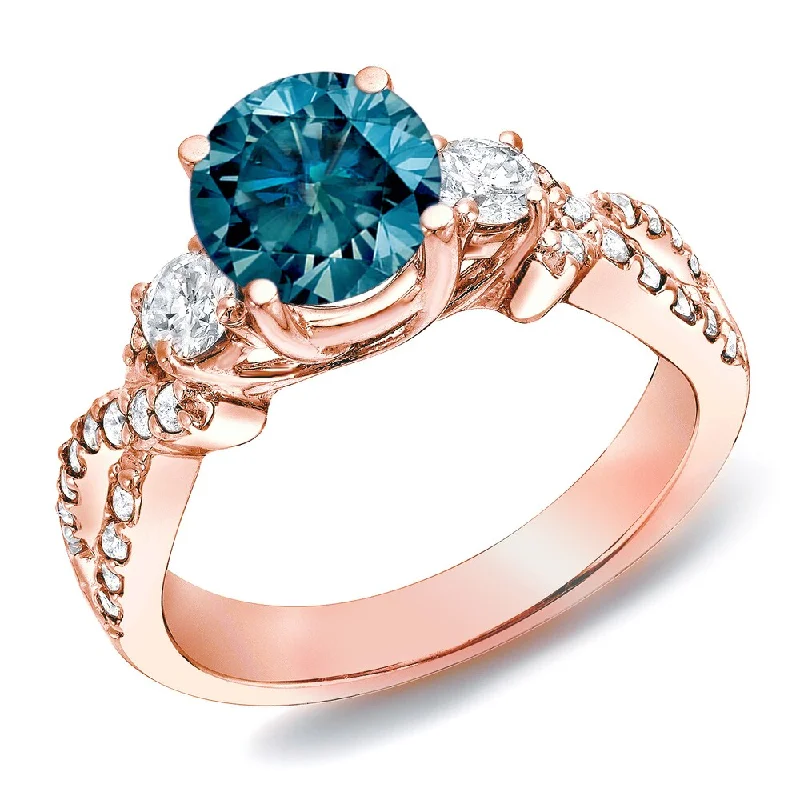 Engagement rings with double halo of opal -Auriya 14k Rose Gold 1 1/2ctw 3-stone Blue Diamond Engagement Ring