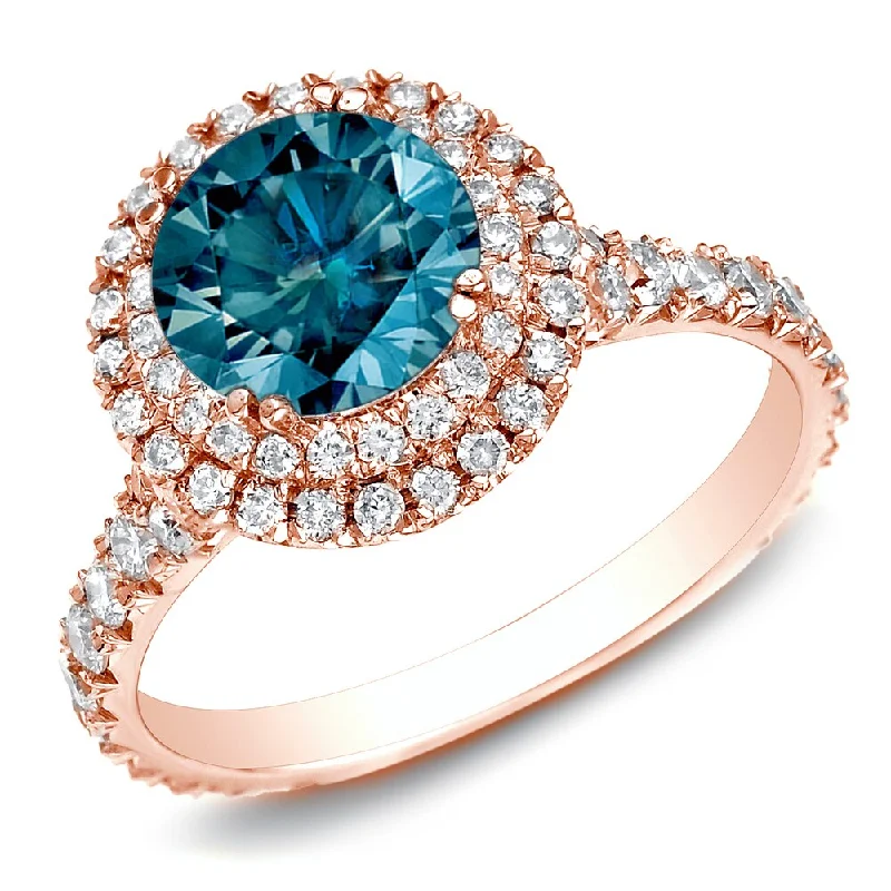 Gold engagement rings with pear-cut sapphire gems -Auriya 2ctw Double Halo Blue Diamond Engagement Ring 14k Rose Gold