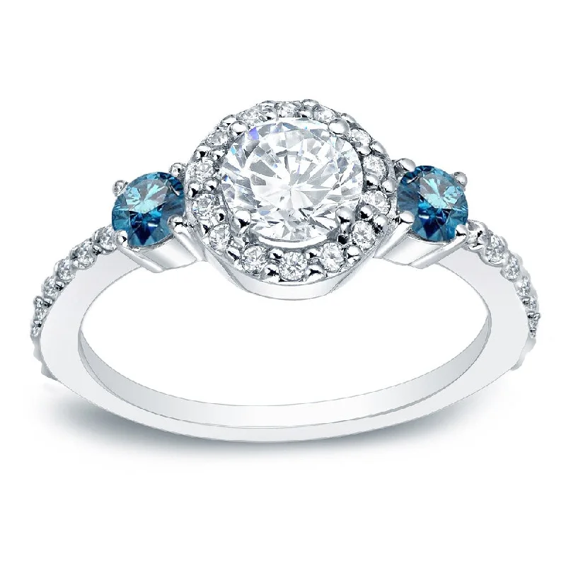 Engagement rings with floral-inspired sapphire bands -Auriya 3/4ctw Round 3 Stone Halo Blue Diamond Engagement Ring 14k Gold