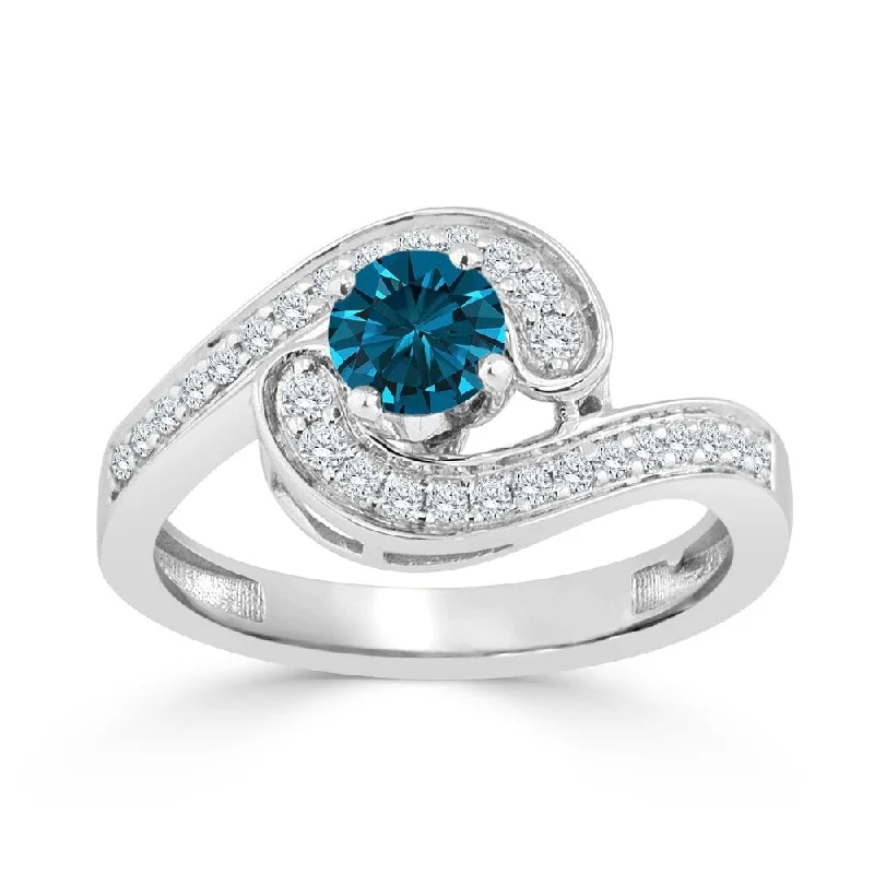 Engagement rings with twisted bands and diamonds -Auriya Bypass Swirl 3/4ctw Halo Blue Diamond Engagement Ring 14k Gold