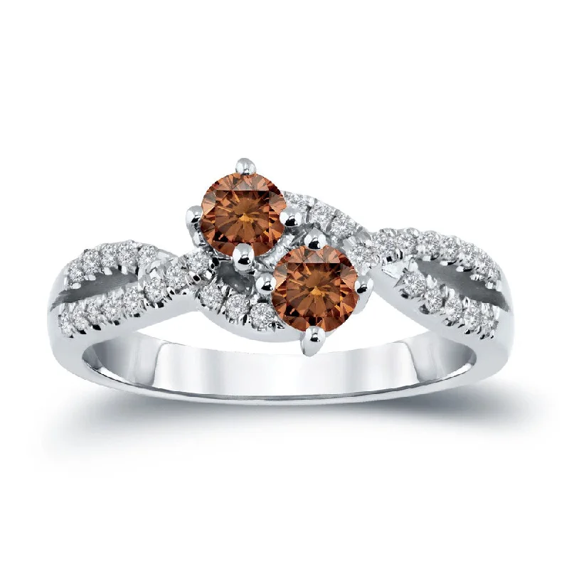 Engagement rings with sunburst aquamarine arrangements -Auriya Modern 3/4ctw Round 2-Stone Brown Diamond Engagement Ring 14K Gold (H-I, I1-I2)