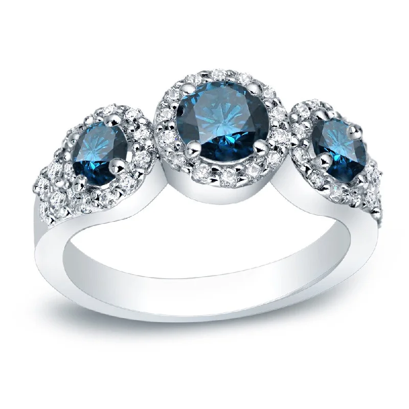 Engagement rings with bezel-set smoky quartz -Auriya Platinum 1 1/5ctw 3-stone Halo Blue Diamond Engagement Ring