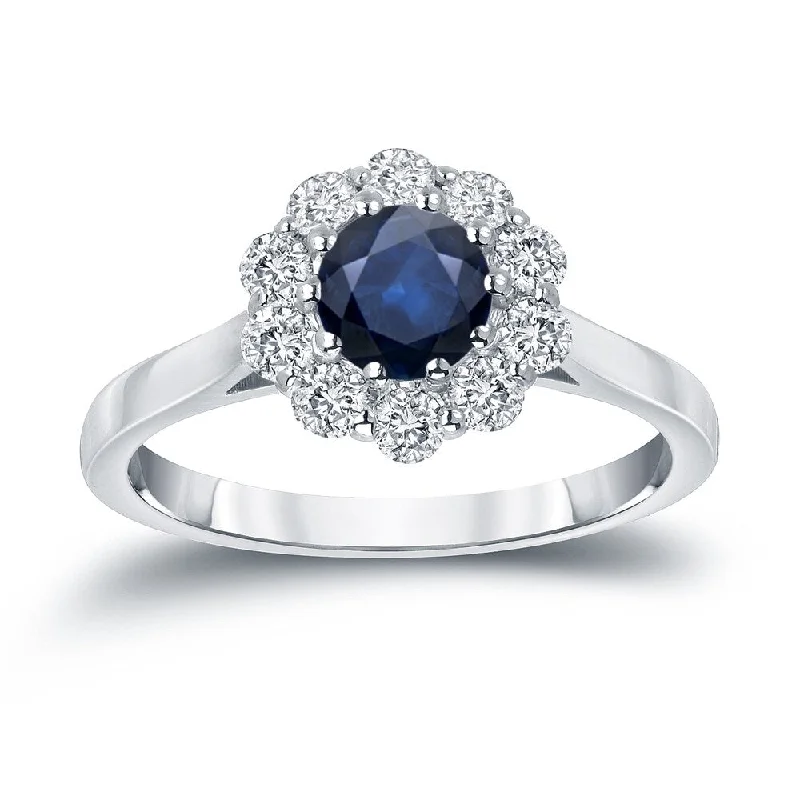 Engagement rings with pave-set turquoise accents -Auriya Round 3/5ct Blue Sapphire and 1/2ct TDW Halo Diamond Engagement Ring 14k Gold (H-I, I1-I2)