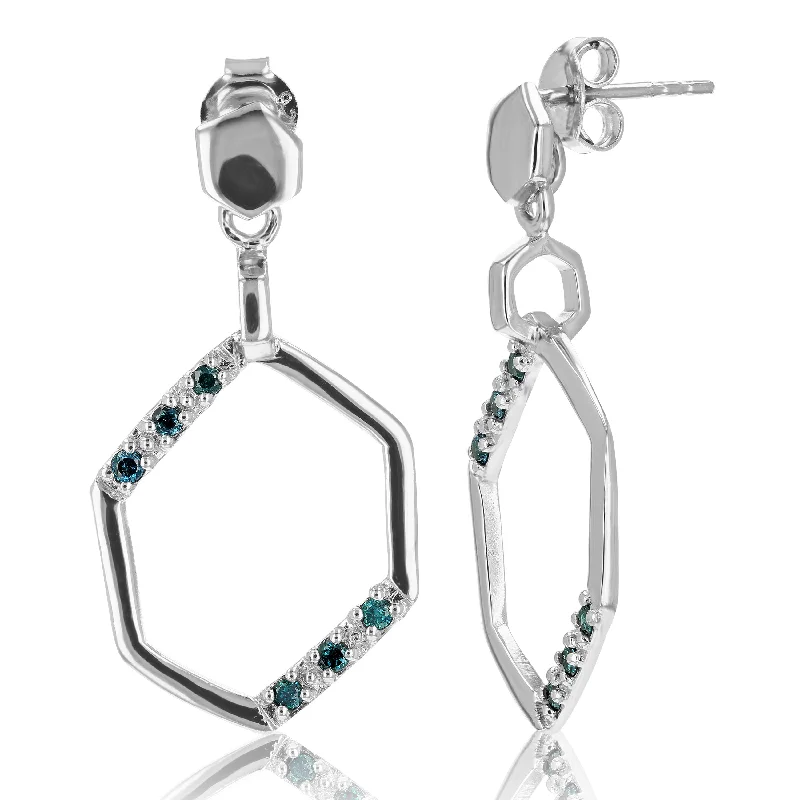 Stud Earrings with Vine Designs -1/5 cttw Blue Diamond Dangle Earrings .925 Sterling Silver With Rhodium Plating