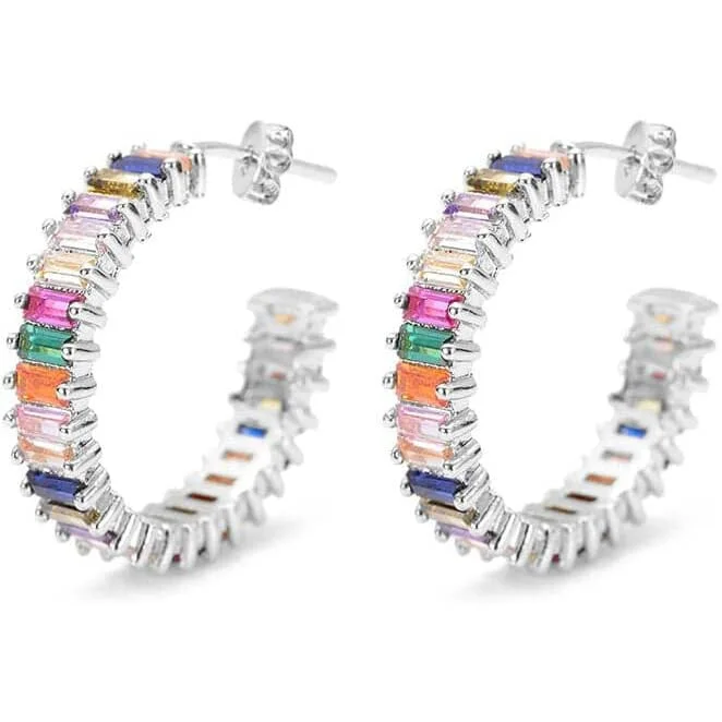 Stud Earrings with Gemstones and Beads -14K Gold Plated Cubic Zirconia Multicolor Rainbow Round Hoop Stud Earrings