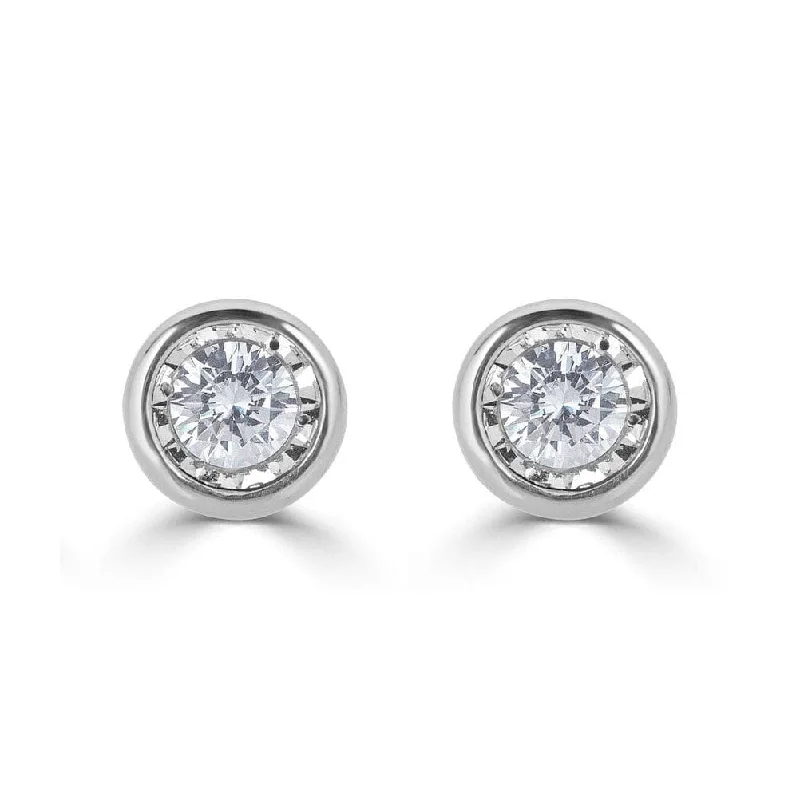 Stud Earrings with Debossed Designs -14K Solid White Gold Cubic Zirconia Round Bezel Stud Earrings