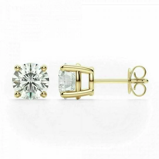 Multi Stud Earrings with Chains -14K Solid Yellow Gold Cubic Zirconia Stud Earrings Round Basket Setting