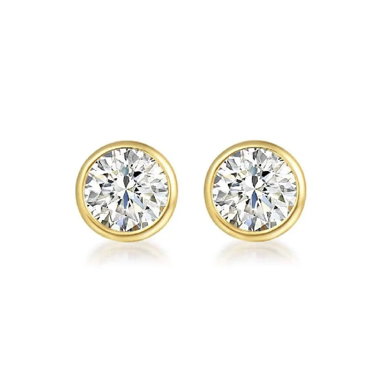 Minimalist Stud Earrings with Simplicity -14k Solid Yellow Gold Cubic Zirconia Stud Earrings Round Bezel Stud Earrings