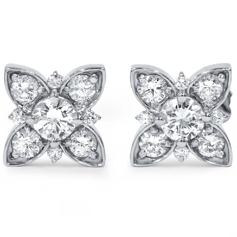 Stud Earrings for Fitness Activities -14k White Gold 1 1/10ct TWD Floral White Diamond Stud Earrings