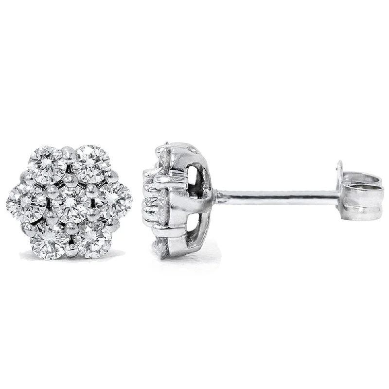 Large Stud Earrings for Statement -14k White Gold 1ct TDW Flower Cluster Diamond Stud Earrings