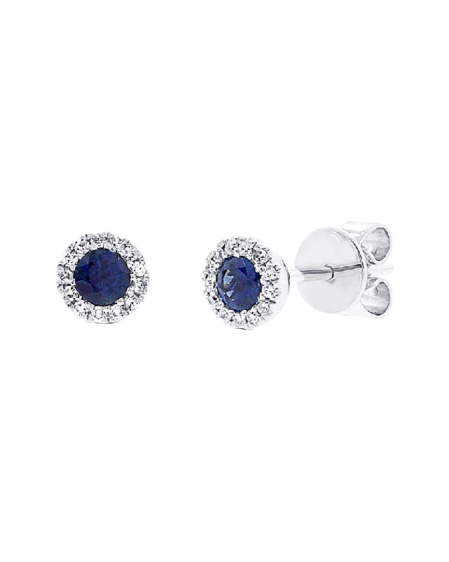 Stud Earrings with Textured Surface -14K White Gold Halo 0.28ct Blue Sapphire Stud Earrings