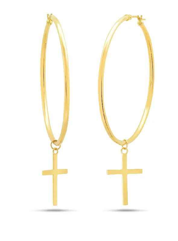 Floral Stud Earrings with Petals -14K Yellow Gold 50 Millimeter Hoop with Holy Cross Charm Earrings