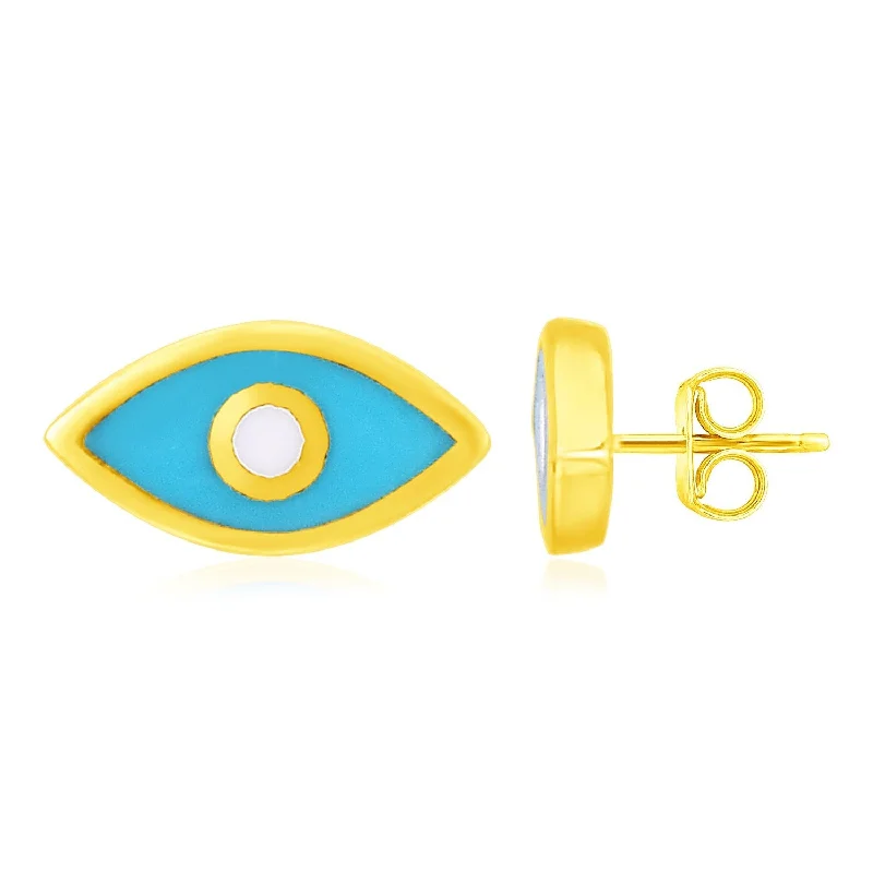 Gemstone Stud Earrings for Color -LOVCIA Luxury 14K Yellow Gold Enamel Blue Evil Eye Stud Earrings