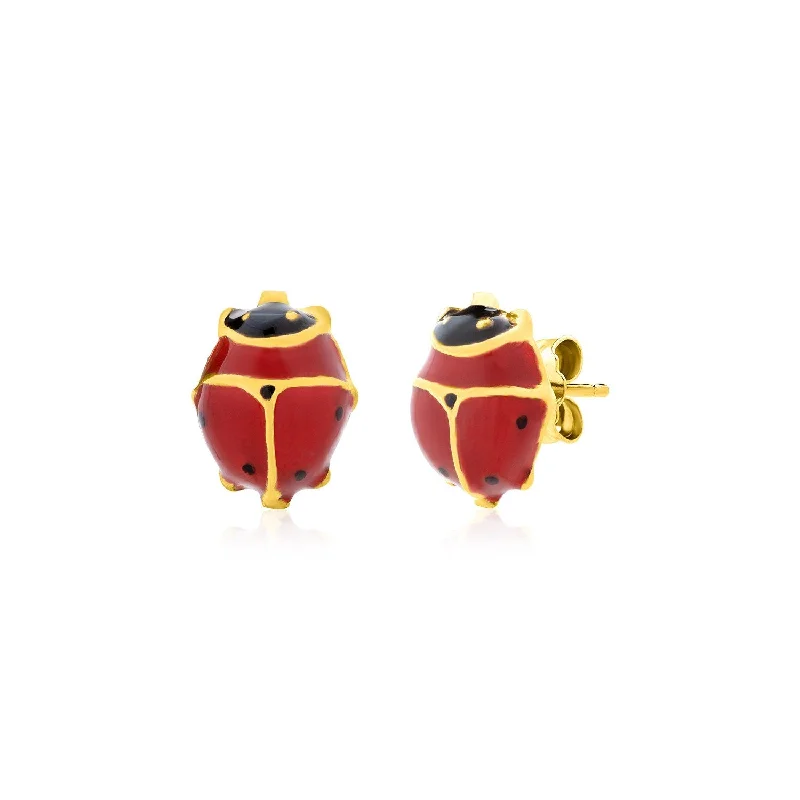 Heart Shaped Stud Earrings for Love -LOVCIA Luxury 14K Yellow Gold Red Ladybug Stud Earrings