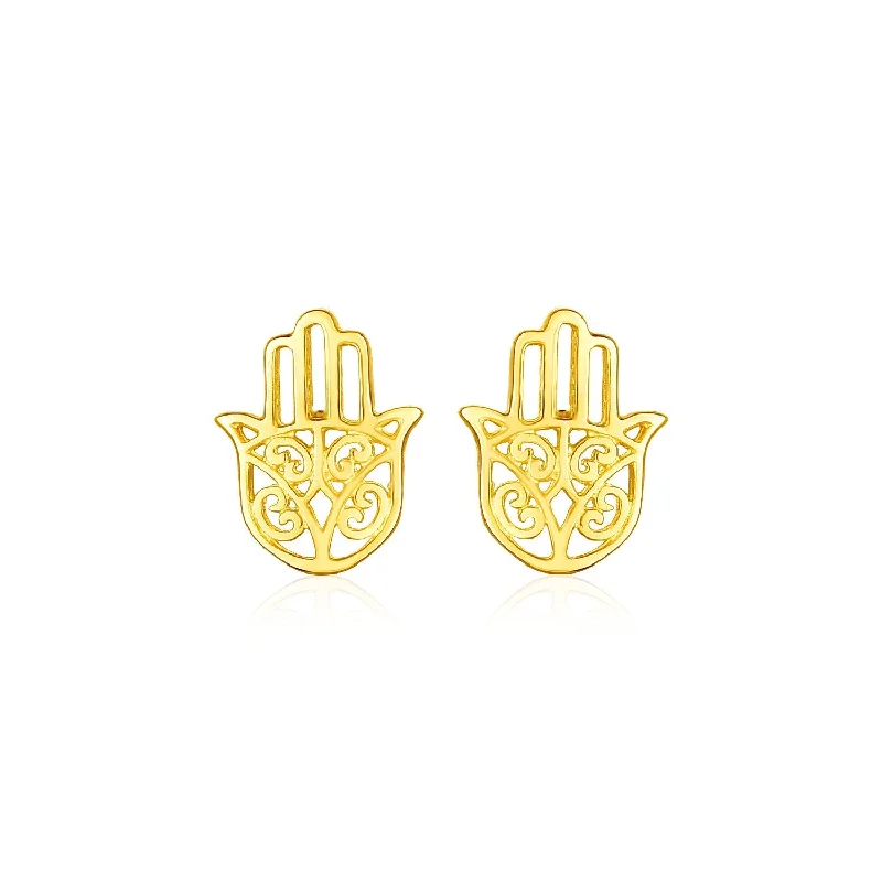 Small Stud Earrings for Delicate -LOVCIA Luxury 14k Yellow Gold Hand of Hamsa Lucky Charm Stud Earrings