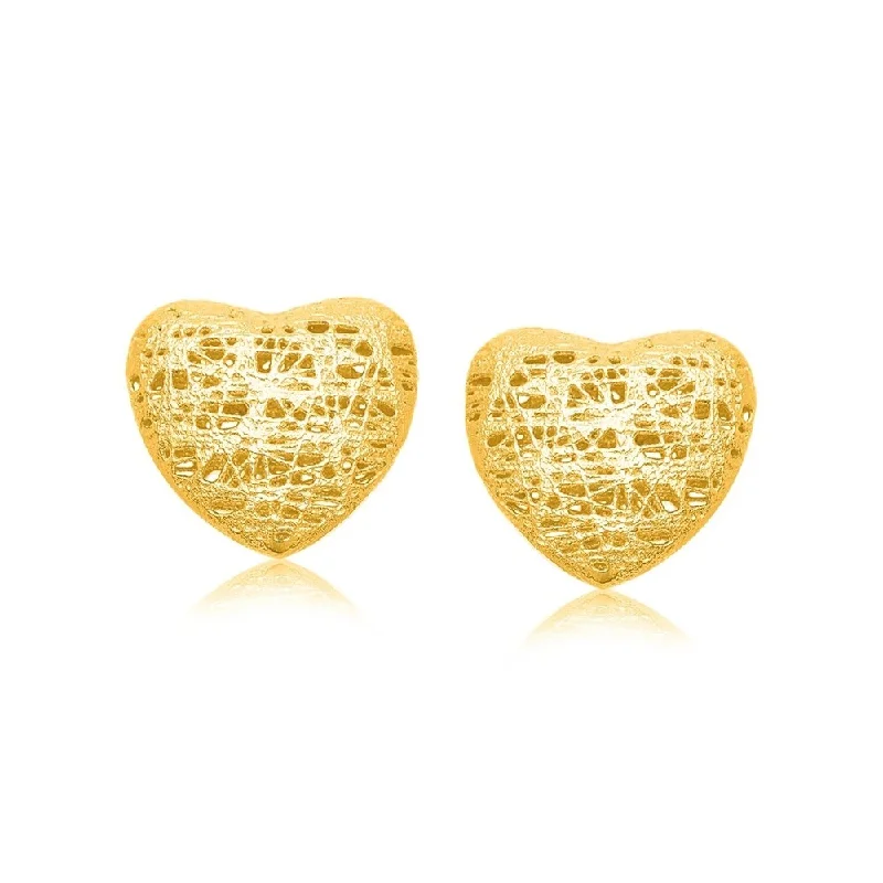 Stud Earrings with Gemstones and Beads -14k Yellow Gold Puffed Heart Motif Lace Stud Earrings