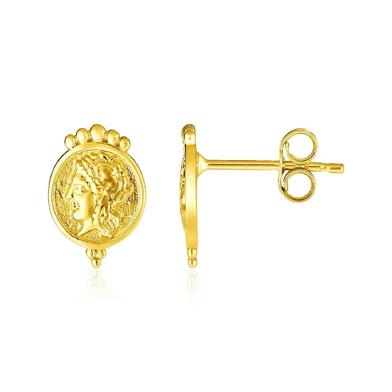 Pearl Stud Earrings for Elegance -LOVCIA Luxury 14k Yellow Gold Ancient Roman Coin Stud Earrings