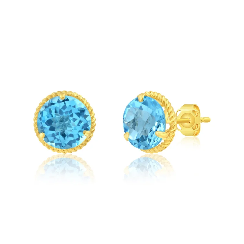 Screw Back Stud Earrings for Security -14k Yellow Gold Roped Halo Round-Cut Gemstone Stud Earrings (8mm)