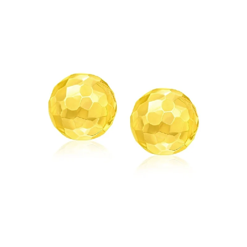 Ethnic Stud Earrings with Tribal Design -14k Yellow Gold Round Faceted Style Stud Earrings