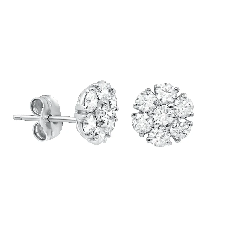 Stud Earrings for Wedding Ceremony -18K White Gold Cluster 1.60cts Diamond Stud Earrings