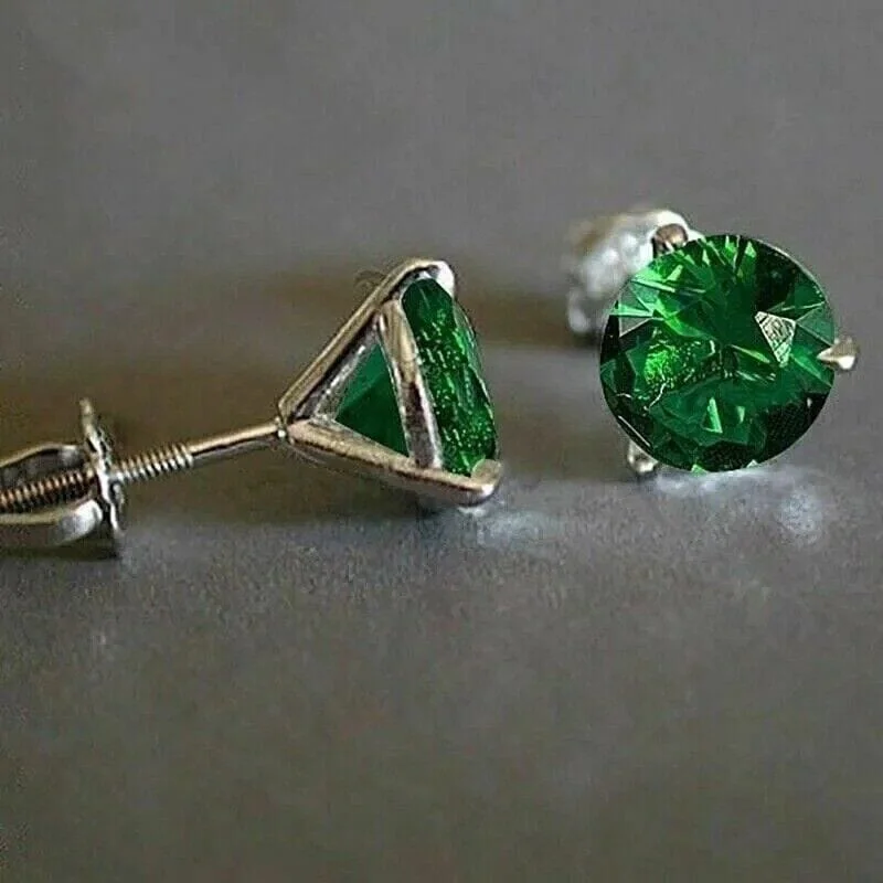 Stud Earrings with Crown Designs -2.00 Ct Round Cut Natural Emerald Solitaire Stud Earrings 14k White Gold