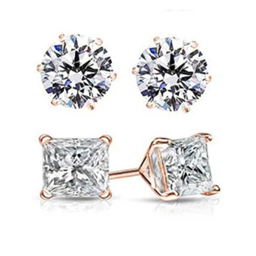 Waterproof Stud Earrings for Outdoor -2 Pairs: Round and Princess Cut Rose Gold Stud Earrings