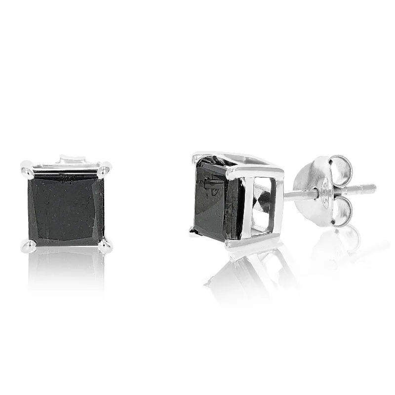 Stud Earrings with Textured Surface -3 cttw Princess Cut Black Diamond Stud Earrings .925 Sterling Silver Prong Set