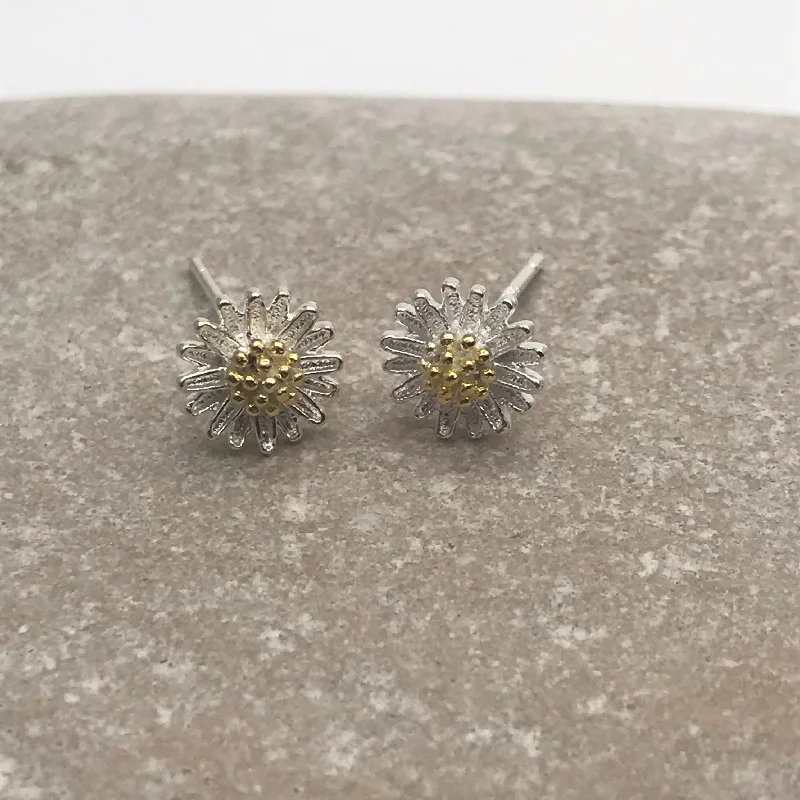 Stud Earrings with Polished Shine -Sterling Silver Gold Vermeil 3D Flower Stud Earrings Granulated Gold