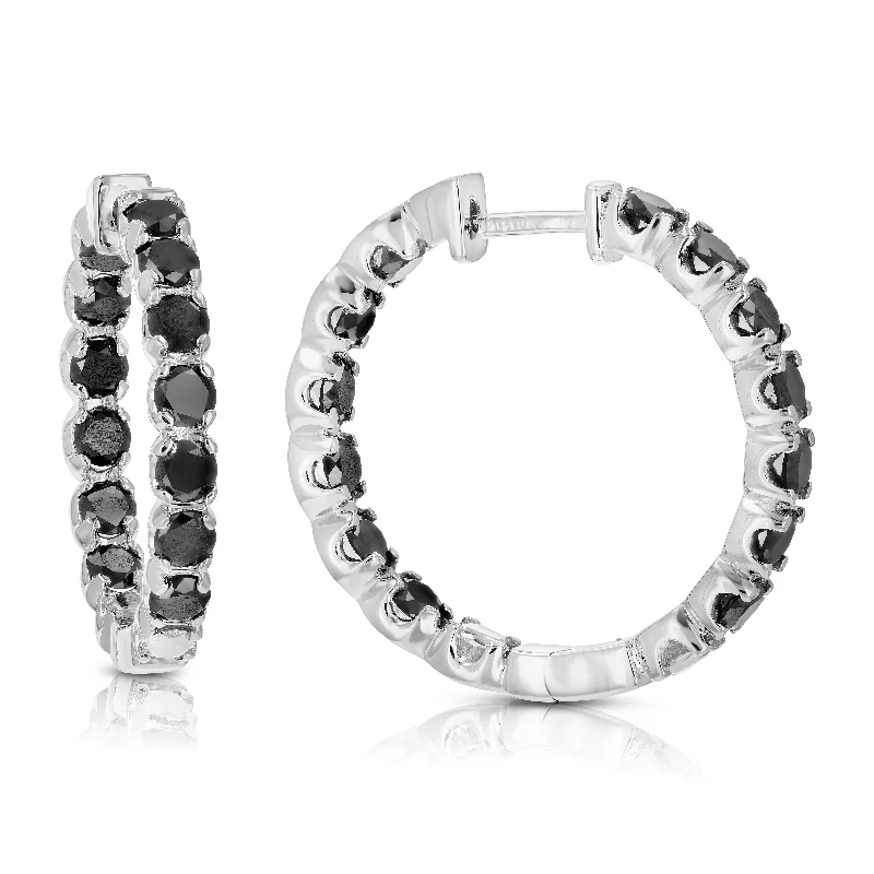 Stud Earrings for Anniversary -4 cttw Black Diamond Hoop Earrings in .925 Sterling Silver with Rhodium 1 Inch