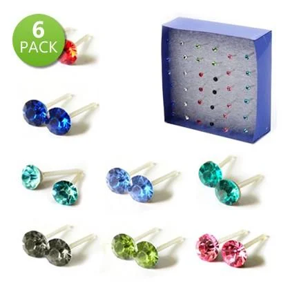 Minimalist Stud Earrings with Simplicity -6-Pairs: Crystal Stud Earrings on Acrylic Hypoallergenic Posts