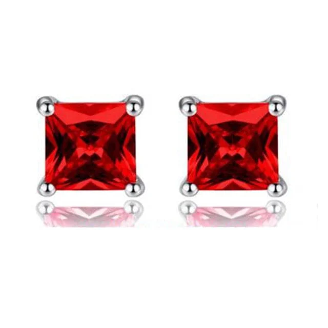 Stud Earrings for Concert Look -925 Ruby Square Shape Stud Earrings