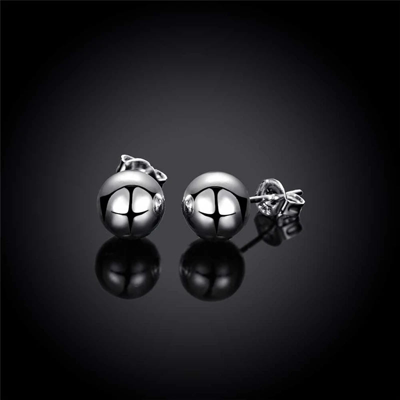 Stud Earrings for Travel Look -925 Sterling Silver 8/10/12mm Round Smooth Solid Bead Ball Stud Earrings For Women