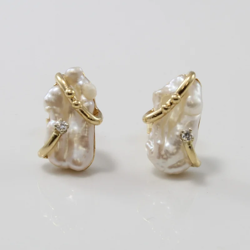 Stud Earrings for Mother's Day -Baroque Pearl & Diamond Accented Stud Earrings | 3.20ctw, 0.03ctw |