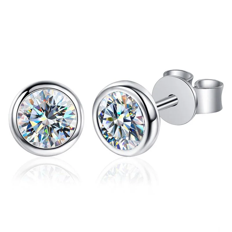 Stud Earrings for Concert Look -【#176】Bezel Setting Round Shape Moissanite Stud Earrings in 925 Sterling Silver