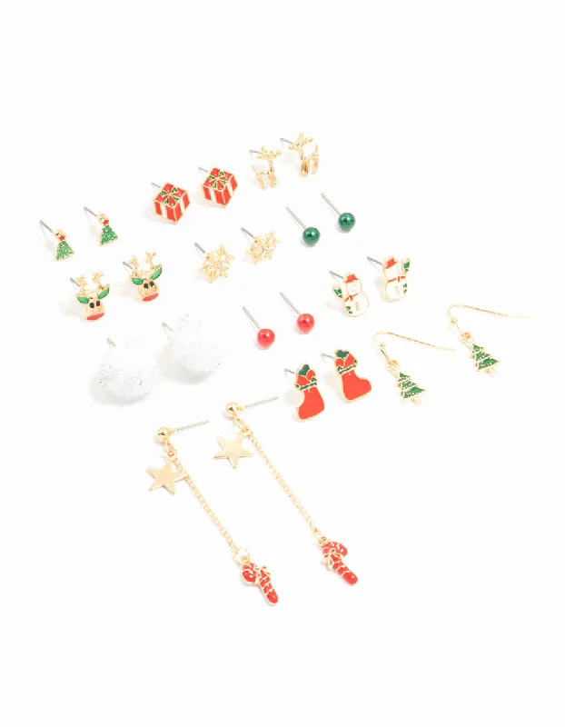 Stud Earrings with Chevron Designs -Candy Cane & Reindeer Mixed Stud Earrings 12-Pack