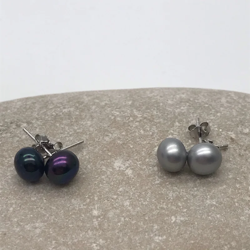 Stud Earrings with Etching -Sterling Silver Freshwater AAAA Pearl 8-9 mm stud earrings