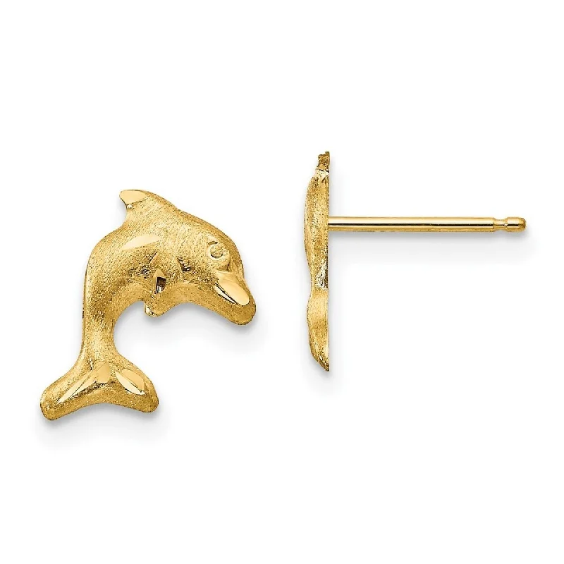 Magnetic Closure Stud Earrings for Easy -Curata 14k Yellow Gold Satin Dolphin Post Stud Earrings - 10x9mm