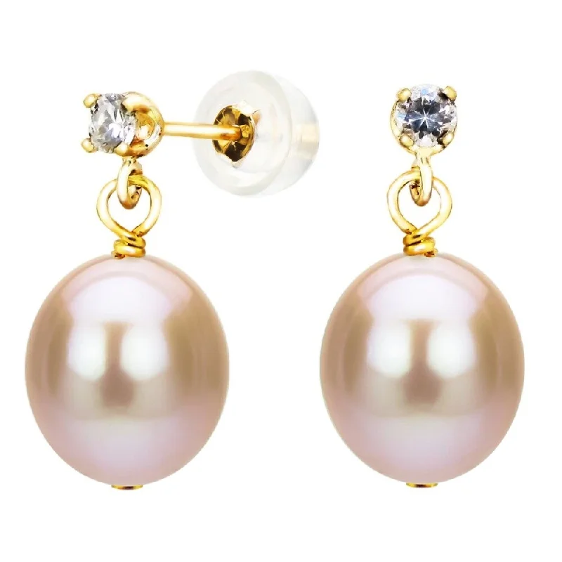 Stud Earrings for Anniversary -DaVonna 14K Yellow Gold 8-8.5mm Pink Cultured Freshwater Pearl 0.10tcw CZ Stud Earrings