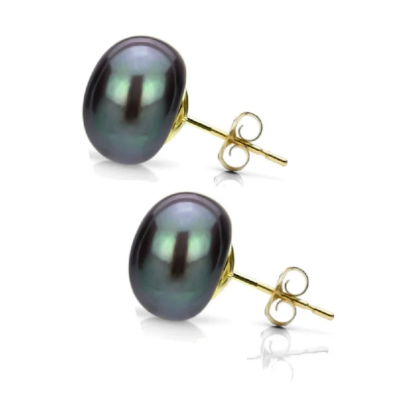 Stud Earrings with Pearls and Diamonds -DaVonna 14k Yellow Gold Black FW Pearl Stud Earrings (9-10 mm)