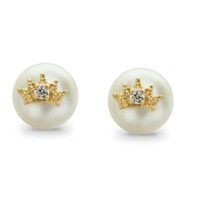 Indian Stud Earrings with Intricacy -DaVonna 14k Yellow Gold Crown Charms 9-10mm Button Shape Freshwater Pearl Stud Earrings.