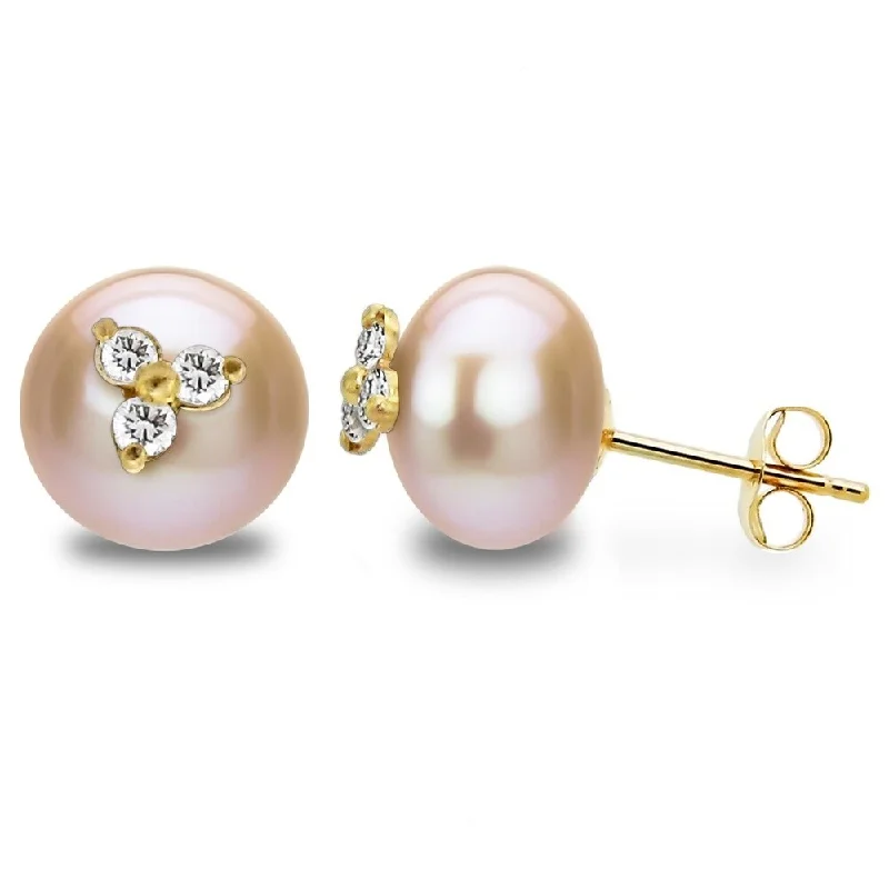 Triple Stud Earrings for Layered -DaVonna 14k Yellow Gold CZ Flower Charms Button Shape 9-10mm Pink Freshwater Pearl Stud Earrings