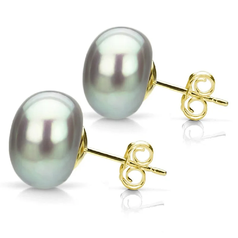 Vintage Stud Earrings with Patina -DaVonna 14k Yellow Gold Grey FW Pearl Stud Earrings (9-10 mm)