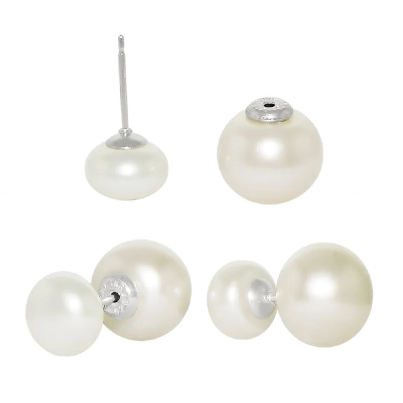 Detachable Stud Earrings with Charms -DaVonna Sterling Silver Front and Back Interchangeable 8-8.5mm and 10-11mm White Button Shape Freshwater Pearls Stud Earrings