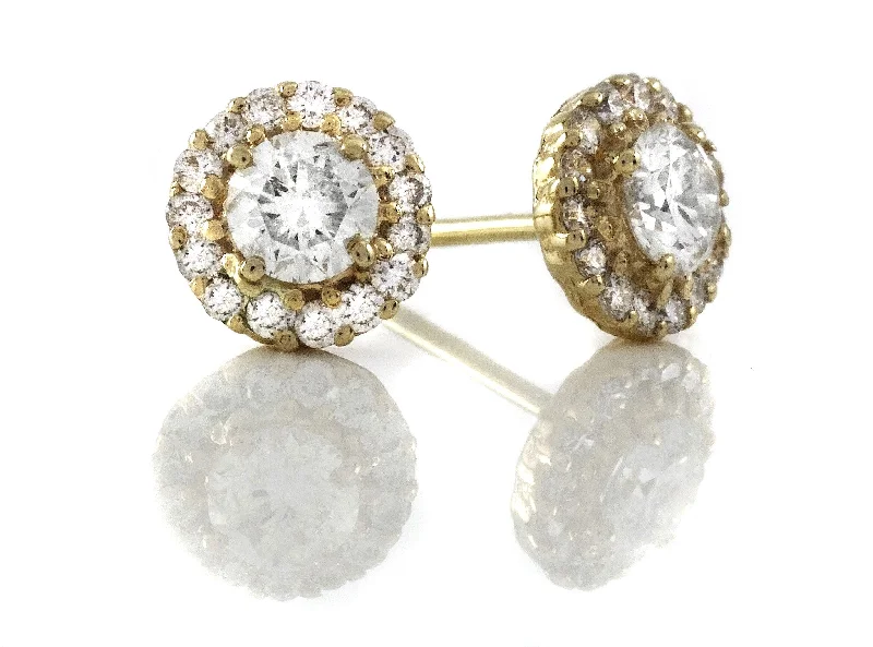 Clip On Stud Earrings for Non Pierced -Diamond Solitaire Stud Earrings with Pave Diamonds Yellow Gold