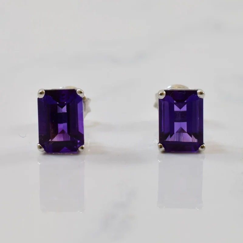 Stud Earrings with Leaf Motifs -Emerald Cut Amethyst Stud Earrings | 1.50ctw |