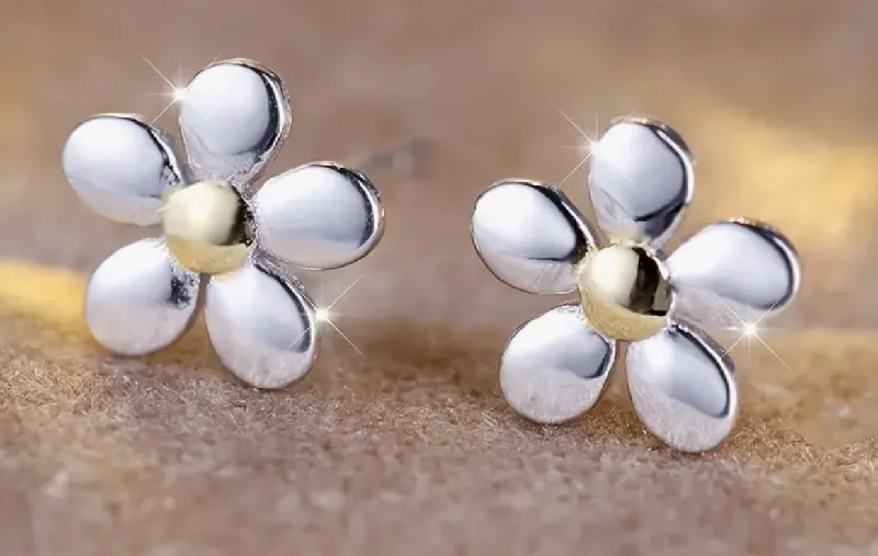 Stud Earrings with Rhinestones -Sterling Silver Gold Vermeil Earrings Flower 5 Petal Stud Earrings